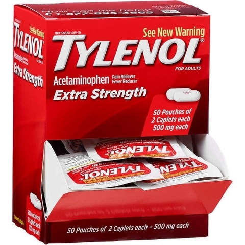 Thuốc giảm đau và hạ sốt tylenol extra strength acetaminophen, dispenser pack,2 viên/gói,50 gói ~100 viên