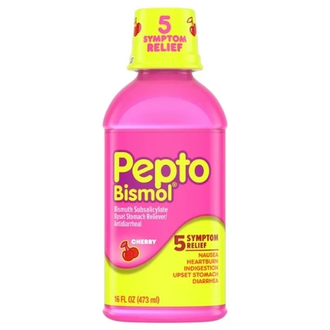 Siro giảm 5 triệu chứng dạ dày, tiêu hóa hương anh đào pepto bismol liquid for nausea, indigestion - 5 symptom fast relief, cherry flavor, 16 oz (1 pack)