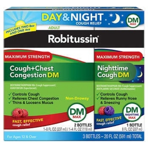 Siro trị ho, tắc nghẽn ngực ngày & đêm robitussin maximum strength cough + chest congestion dm & nighttime cough dm, 3 pack