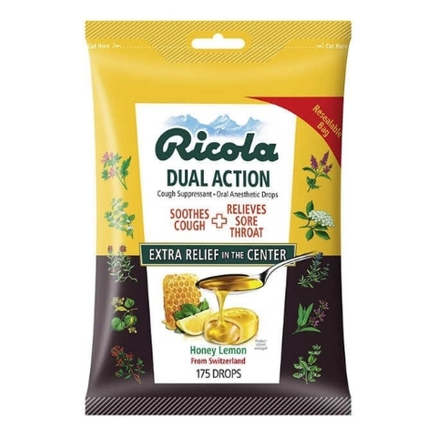 Kẹo ngậm trị ho nặng ricola dual action lemon drops, 175 drops