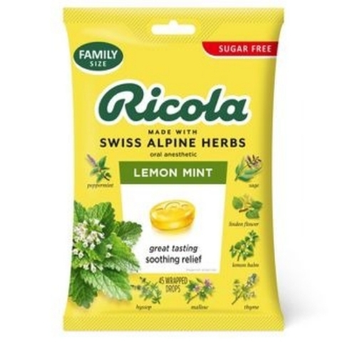 Kẹo ngậm trị ho không đường ricola sugar free lemon mint cough drops, 45 drops