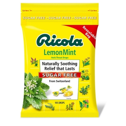 Kẹo ngậm trị ho không đường ricola sugar free lemon mint cough drops, 1 pack