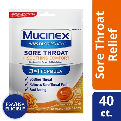 Kẹo ngậm giảm ho, đau họng hương mật ong & hoa cúc tím mucinex instasoothe sore throat + soothing comfort honey & echinacea flavor, (40 viên)