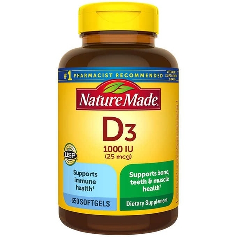 Viên uống bổ sung Vitamin D3 Nature Made Vitamin D3 25 mcg, 650 viên