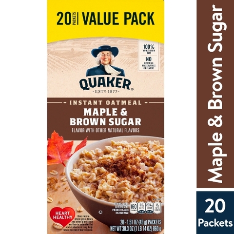 Bột yến mạch ăn liền cây phong & đường nâu quaker instant oatmeal - maple & brown sugar, 20 gói