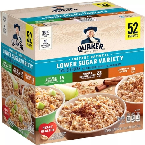 Bột yến mạch ăn liền ít hơn 35% đường quaker oats instant oatmeal lower sugar, 52 gói