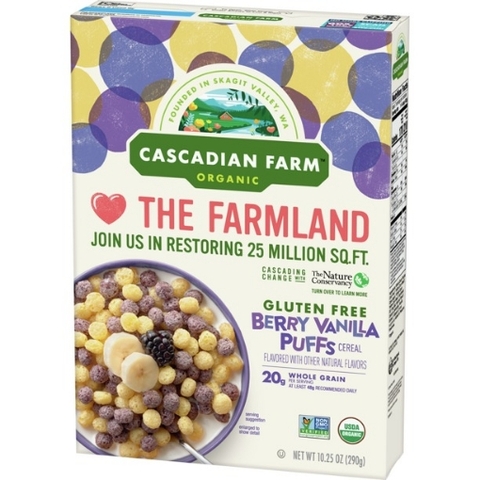 Ngũ cốc chuối, mâm xôi vani hữu cơ cascadian farm organic berry vanilla puffs cereal, gluten free