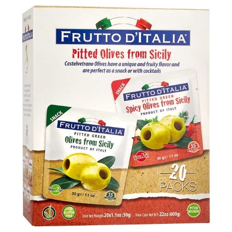 Quả ô liu xanh tách hạt frutto d'italia pitted green olives snack, variety pack