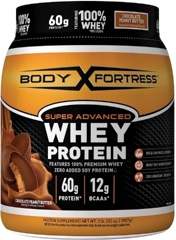 Sữa bột protein tăng cơ, phục hồi cơ vị bơ đậu phộng - sô cô la body fortress whey protein powder, chocolate peanut butter, 60g protein
