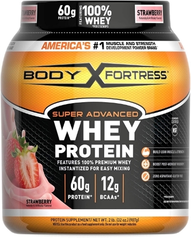 Sữa bột protein tăng cơ, phục hồi cơ vị dâu body fortress whey protein powder, strawbery, 60g protein