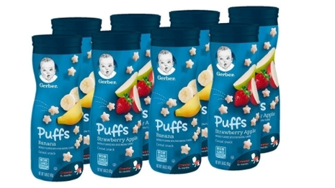 Set bánh ăn dặm cho bé trên 8 tháng vị dâu tây táo và vị chuối gerber puffs cereal snack, banana & strawberry apple