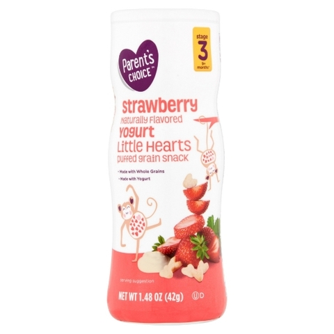Bánh ăn dặm cho bé trên 9 tháng vị sữa chua dâu perent's choice little hearts puffed grain snack, strawberry yogurt