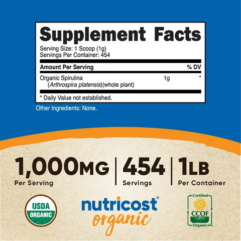 Bột tảo xoắn hữu cơ Nutricost Organic Spirulina Powder
