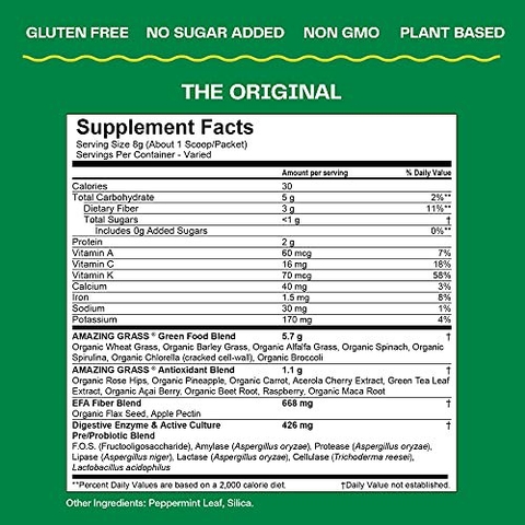 Bột cỏ lúa mì, rau củ quả hữu cơ Amazing Grass Greens Blend Superfood - Original, 480g