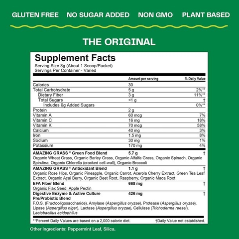 Bột cỏ lúa mì, rau củ quả hữu cơ Amazing Grass Greens Blend Superfood - Original, 240g