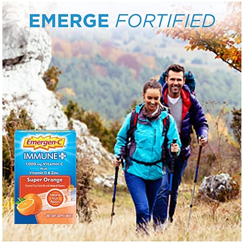 Bột hòa tan Vitamin C + Vitamin D & Kẽm Emergen-C Immune+ 1000 mg Vitamin C  Plus Vitamin D & Zinc, Super Orange