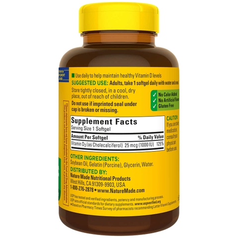 Viên uống bổ sung Vitamin D3 Nature Made Vitamin D3 25 mcg, 650 viên
