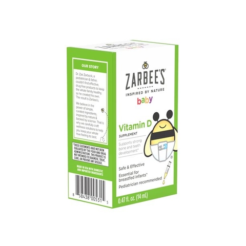 Bổ sung Vitamin D dành cho trẻ sơ sinh dạng nhỏ giọt Zarbee's Vitamin D Drops for Infants 400IU (10mcg)