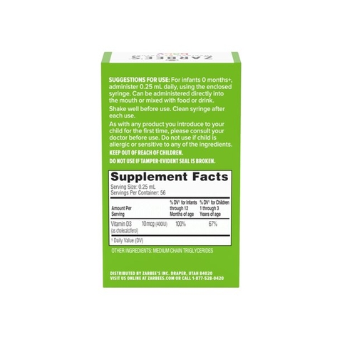 Bổ sung Vitamin D dành cho trẻ sơ sinh dạng nhỏ giọt Zarbee's Vitamin D Drops for Infants 400IU (10mcg)
