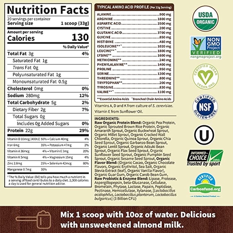 Bột protein hữu cơ thô hương sô-cô-la Garden of Life Organic Protein Powder, Chocolate