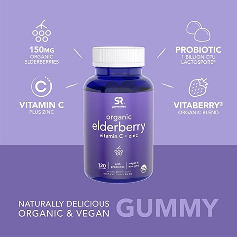 Kẹo dẻo bổ sung Vitamin C và Kẽm Sports Research USDA Organic Elderberry Plus C and Zinc
