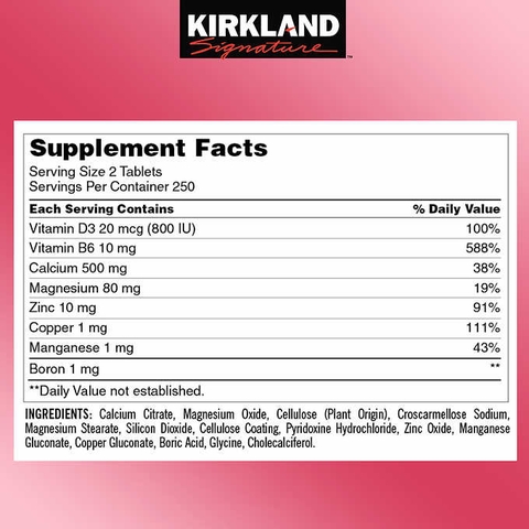 Viên Uống Bổ Cơ & Xương Kirkland Signature Calcium Citrate Magnesium And Zinc 500 mg, 500 viên