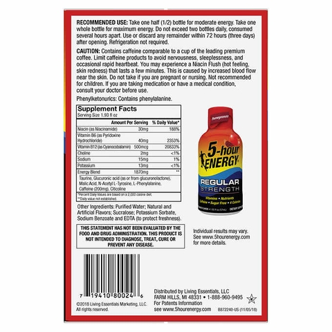 Nước tăng lực vị quả mọng 5-Hour Energy Shot, Regular Strength, Pomegranate, 1.93 fl. oz, 24 chai