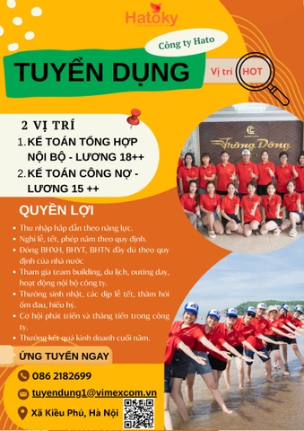 CÔNG TY HATO TUYỂN DỤNG: KẾ TOÁN TỔNG HỢP NỘI BỘ TẠI XÃ KIỀU PHÚ, HÀ NỘI – LƯƠNG 18TR++