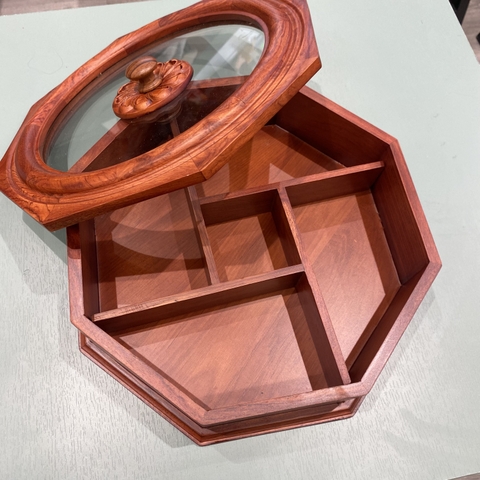 Khay bánh kẹo bát giác gỗ hương nắp kính
