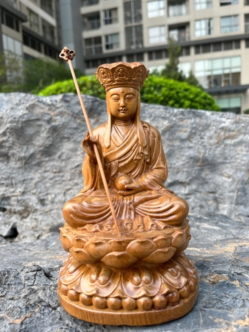 Bồ Tát Địa Tạng gỗ Bách Xanh nguyên khối 20cm