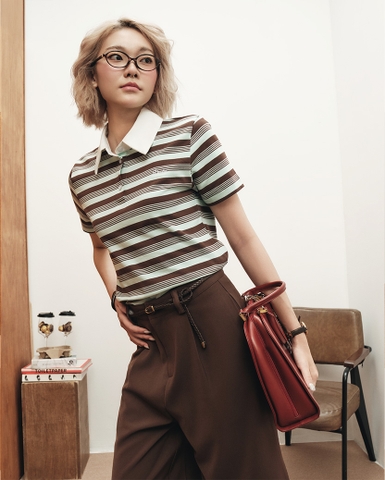 Cropped Striped Polo - Chocomint