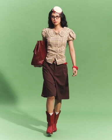 Plaid Puff-Sleeve Blouse - Butter