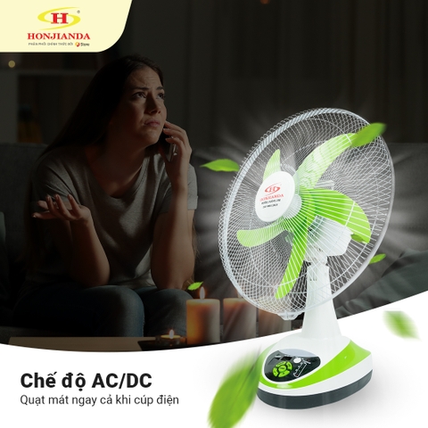 Quạt sạc tích điện 16 inch Honjianda FL316 - 2 chế độ AC/DC, tích hợp đèn LED hỗ trợ cúp điện