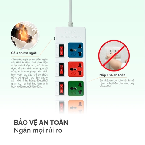 Ổ cắm điện Honjianda Mã 06  - công suất tối đa 3.300W, tích hợp cổng USB dây dài 3m, chất liệu ABS chịu nhiệt tốt