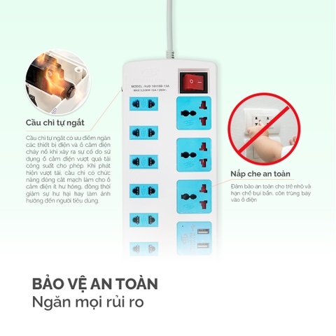 Ổ cắm điện Honjianda Mã 10 - công suất tối đa 3300W, tích hợp cổng USB đa năng, có nắp che an toàn cho trẻ em