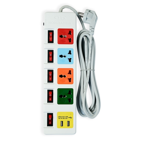 Ổ cắm điện Honjianda Mã 06  - công suất tối đa 3.300W, tích hợp cổng USB dây dài 3m, chất liệu ABS chịu nhiệt tốt