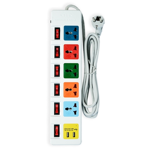 Ổ cắm điện Honjianda Mã 06  - công suất tối đa 3.300W, tích hợp cổng USB dây dài 3m, chất liệu ABS chịu nhiệt tốt