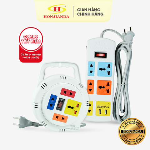 Combo 02: Ổ cắm điện Honjianda 0436B-2U 5 mét + Ổ cắm điện tròn xoay tay 083R 5 mét