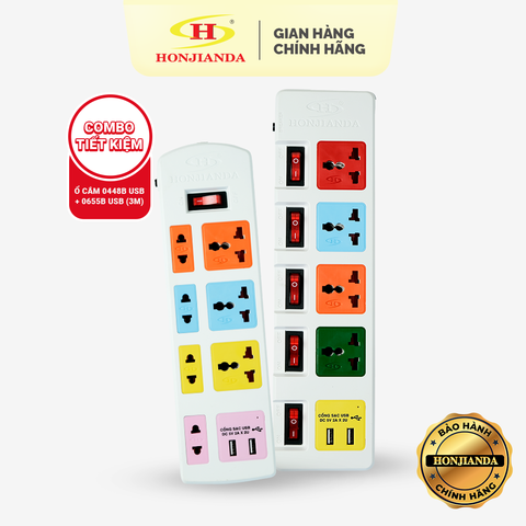 Combo 04: Ổ cắm điện Honjianda 0448B-2U 3 mét + Ổ cắm điện Honjianda 0655-2U 3 mét