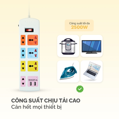 Ổ cắm điện Honjianda Mã 04 - công suất tối đa 2.500W, tích hợp cổng USB dây dài 3m, chất liệu ABS chịu nhiệt tốt