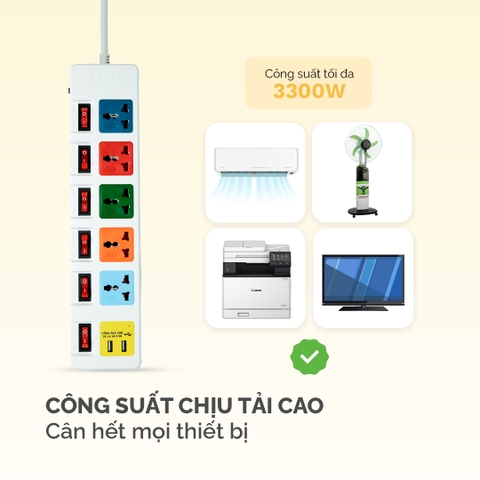 Ổ cắm điện Honjianda Mã 06  - công suất tối đa 3.300W, tích hợp cổng USB dây dài 3m, chất liệu ABS chịu nhiệt tốt