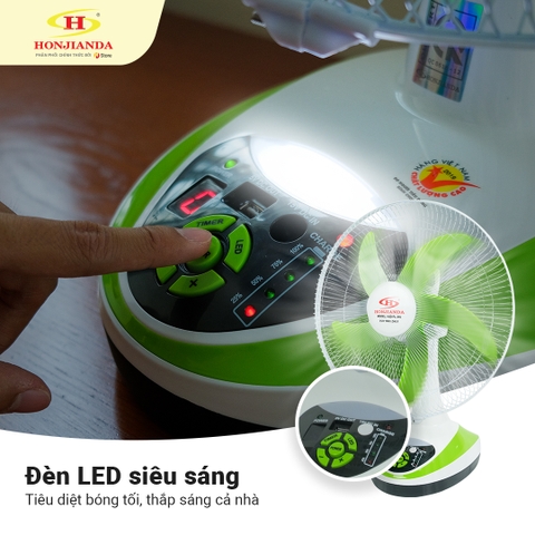 Quạt sạc tích điện 16 inch Honjianda FL316 - 2 chế độ AC/DC, tích hợp đèn LED hỗ trợ cúp điện
