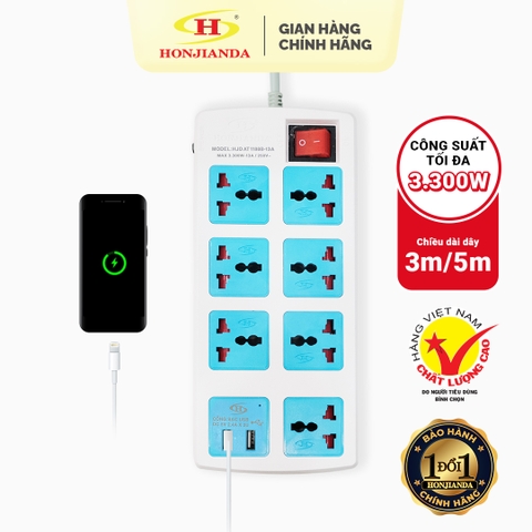 Ổ cắm điện Honjianda Mã 11 - công suất tối đa 3300W, tích hợp cổng USB đa năng, có nắp che an toàn cho trẻ em