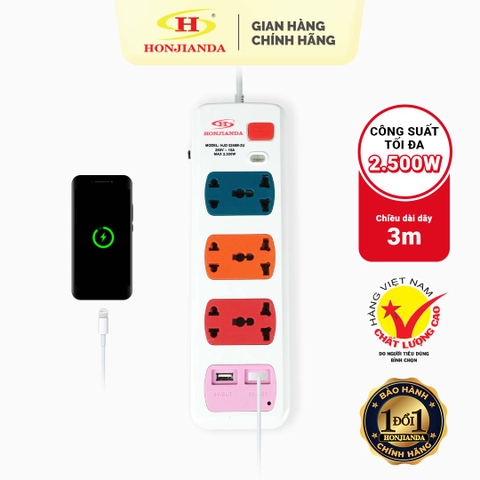 Ổ cắm điện Honjianda Mã 02 - công suất tối đa 2.500W, tích hợp cổng USB dây dài 3m, chất liệu ABS chịu nhiệt tốt