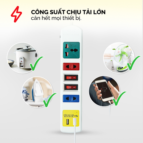Ổ cắm điện Honjianda Mã 03 loại 2 công tắc - dây dài 3m, chất liệu ABS chịu nhiệt tốt