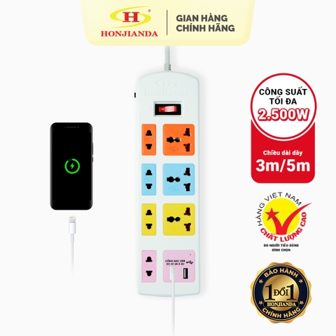Ổ cắm điện Honjianda Mã 04 - công suất tối đa 2.500W, tích hợp cổng USB dây dài 3m, chất liệu ABS chịu nhiệt tốt