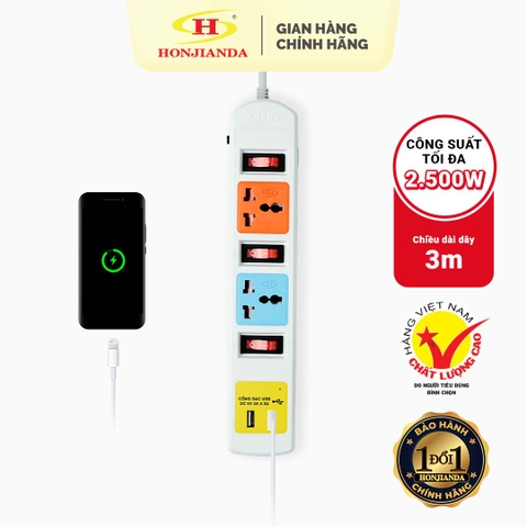 Ổ cắm điện Honjianda Mã 07  - công suất tối đa 3.300W, tích hợp cổng USB dây dài 3m, chất liệu ABS chịu nhiệt tốtH