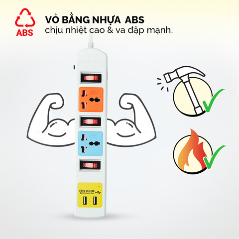 Ổ cắm điện Honjianda Mã 07  - công suất tối đa 3.300W, tích hợp cổng USB dây dài 3m, chất liệu ABS chịu nhiệt tốtH