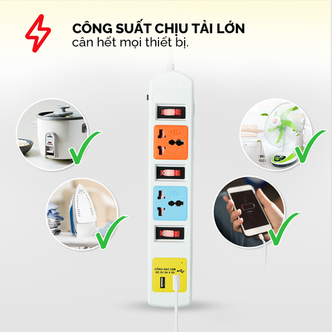 Ổ cắm điện Honjianda Mã 07  - công suất tối đa 3.300W, tích hợp cổng USB dây dài 3m, chất liệu ABS chịu nhiệt tốtH