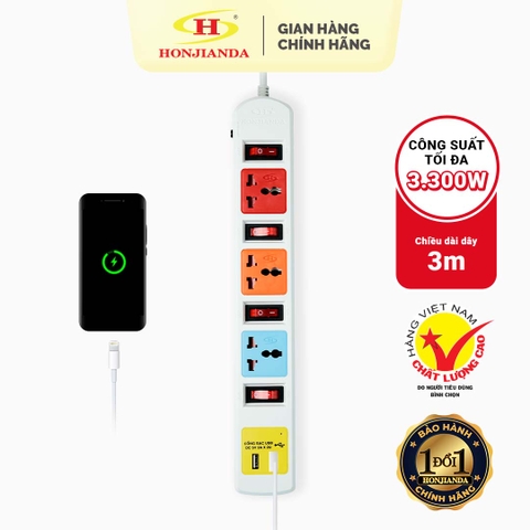 Ổ cắm điện Honjianda Mã 07  - công suất tối đa 3.300W, tích hợp cổng USB dây dài 3m, chất liệu ABS chịu nhiệt tốtH